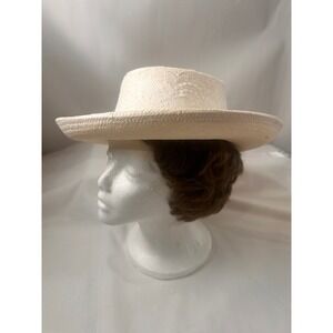 Cappelli Straw Boater Hat Cream Lace Rose Pearl Detail Wide Brim Miami Florida